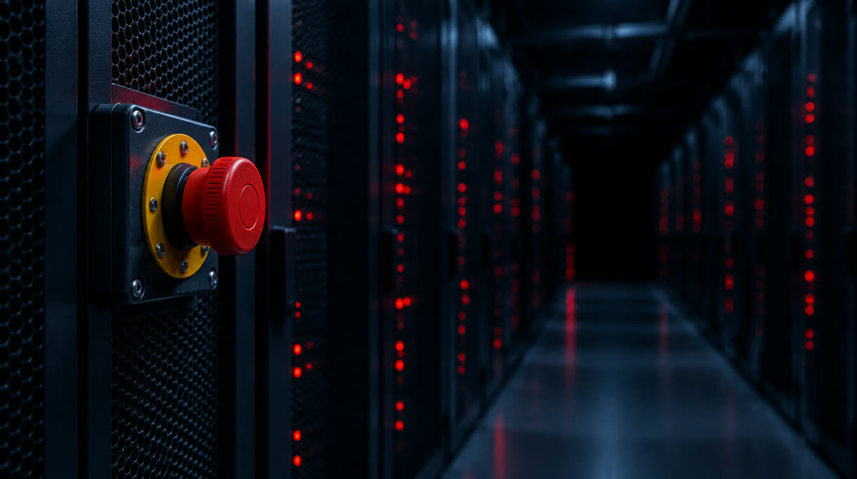 Roter Not-Aus-Schalter an einem Serverschrank in einem dunklen Rechenzentrum