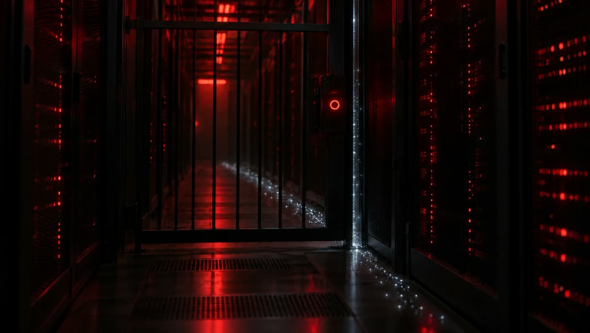 Verschlossenes Gittertor in einem rot beleuchteten Rechenzentrum, weiße Lichtpartikel ziehen durch einen Spalt daran vorbei