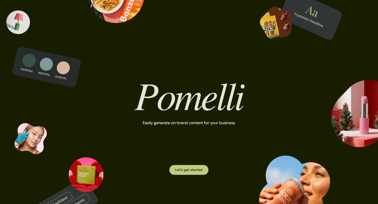 Startseite von Pomelli mit Schriftzug, Farbpalette, Schriftmuster und Beispielmotiven verschiedener Marken