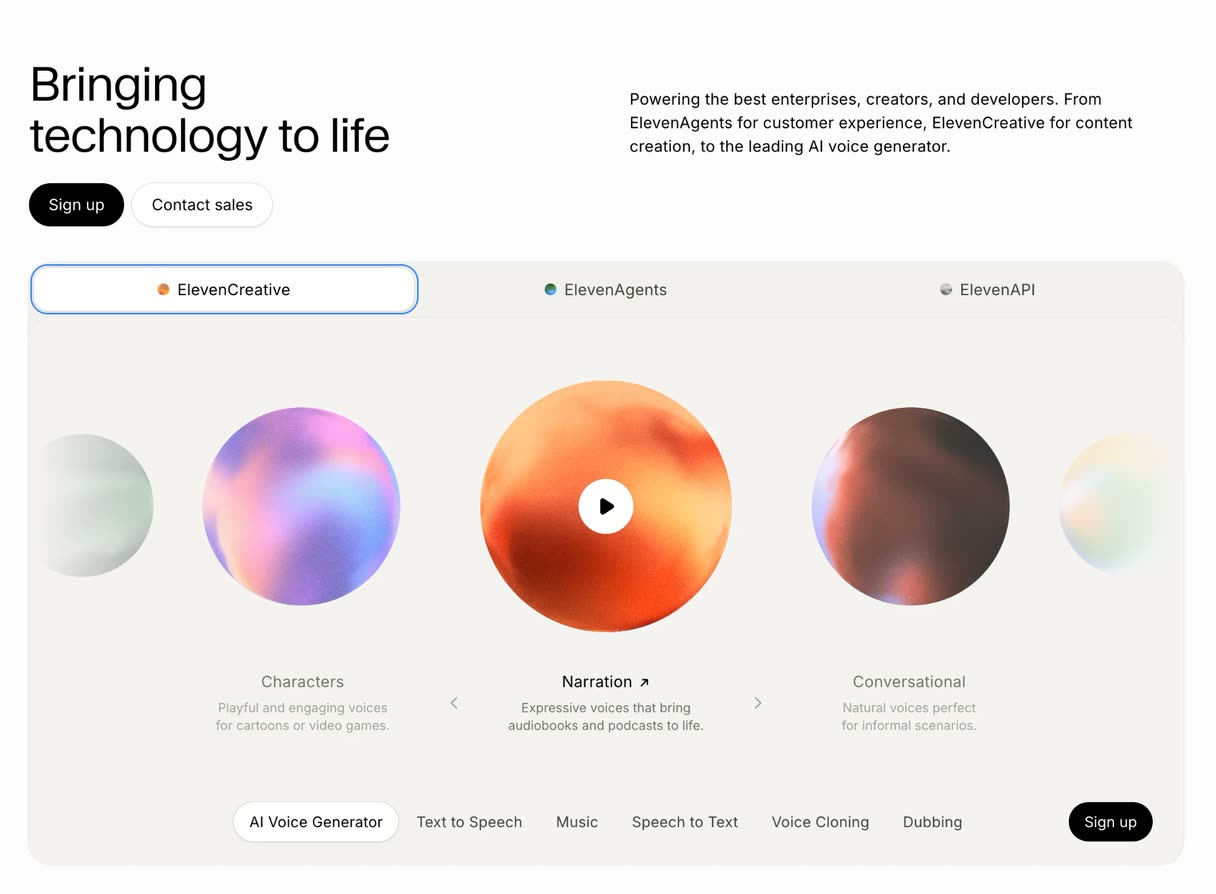 Startseite von ElevenLabs mit den Bereichen ElevenCreative, ElevenAgents und ElevenAPI