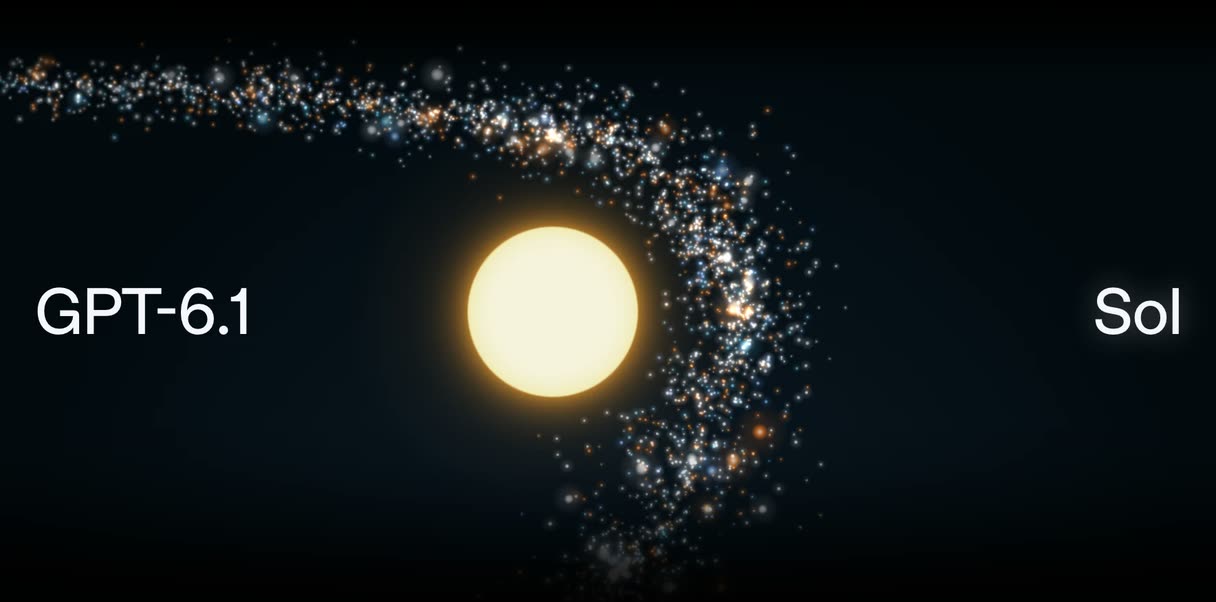Ankündigung von OpenAI: Schriftzug „GPT-6.1 Sol“ mit leuchtender Sonne und Sternenwirbel vor dunklem Hintergrund