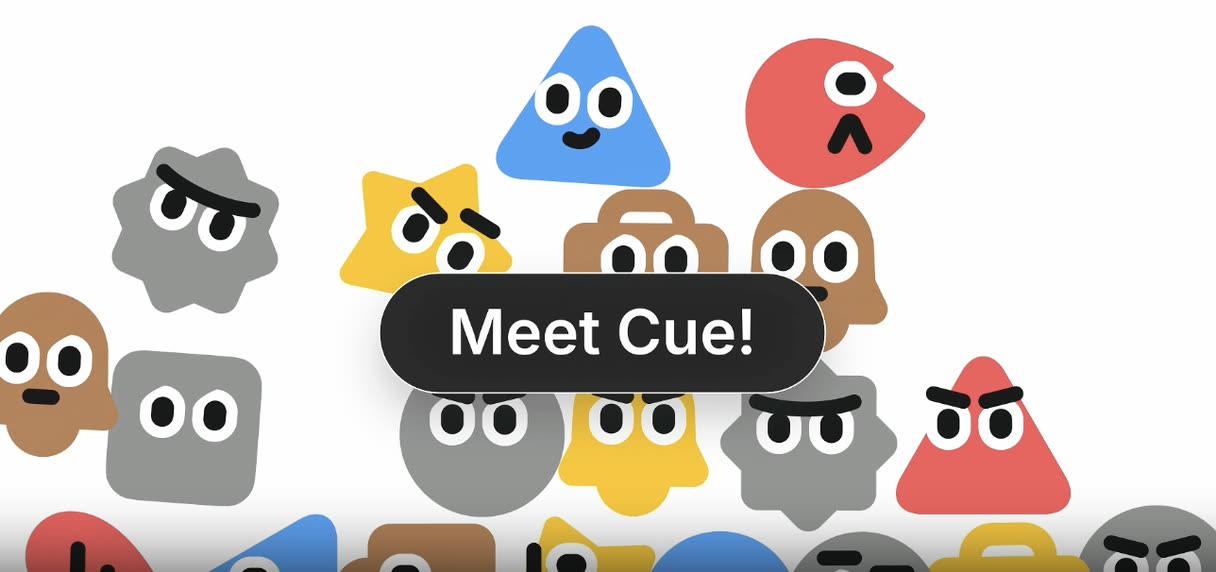 Bunte Comic-Figuren in verschiedenen Formen rund um den Schriftzug „Meet Cue!“