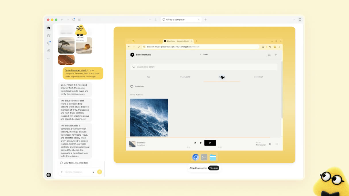 Oberfläche eines Dots-Agenten: links der Chatverlauf, rechts der eigene Cloud-Computer des Agenten mit geöffnetem Browser