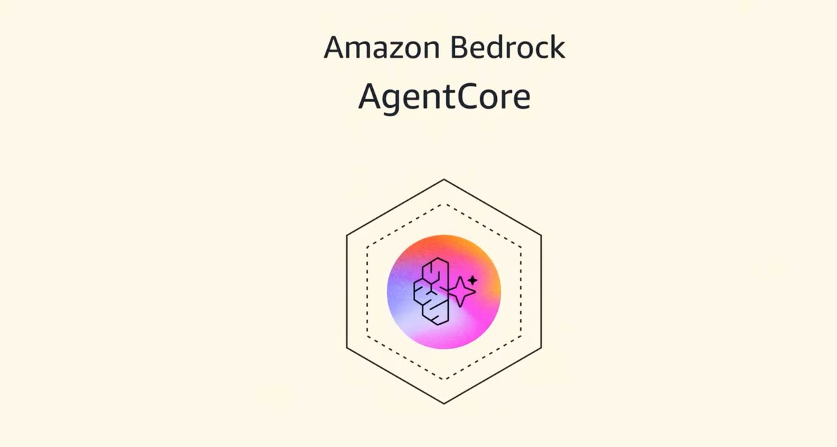 Schriftzug „Amazon Bedrock AgentCore“ über einem sechseckigen Symbol mit stilisiertem Gehirn