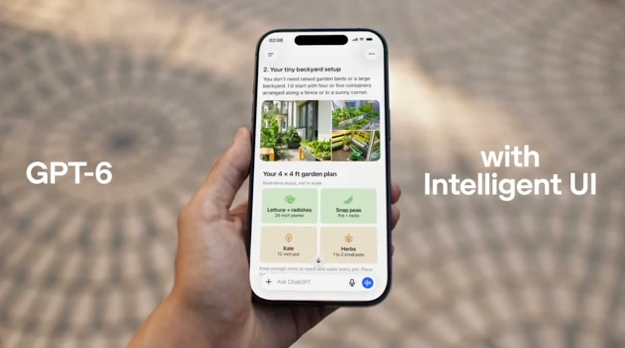 Hand mit Smartphone, ChatGPT zeigt einen interaktiven Gartenplan mit Bildern und Kacheln, daneben der Schriftzug „GPT-6 with Intelligent UI“