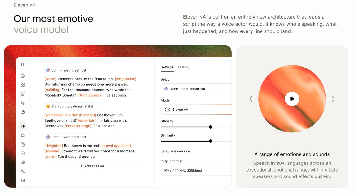 ElevenLabs-Oberfläche mit Modell Eleven v4: Skript mit Audio-Tags wie [warm] und [whispered] für mehrere Sprecher